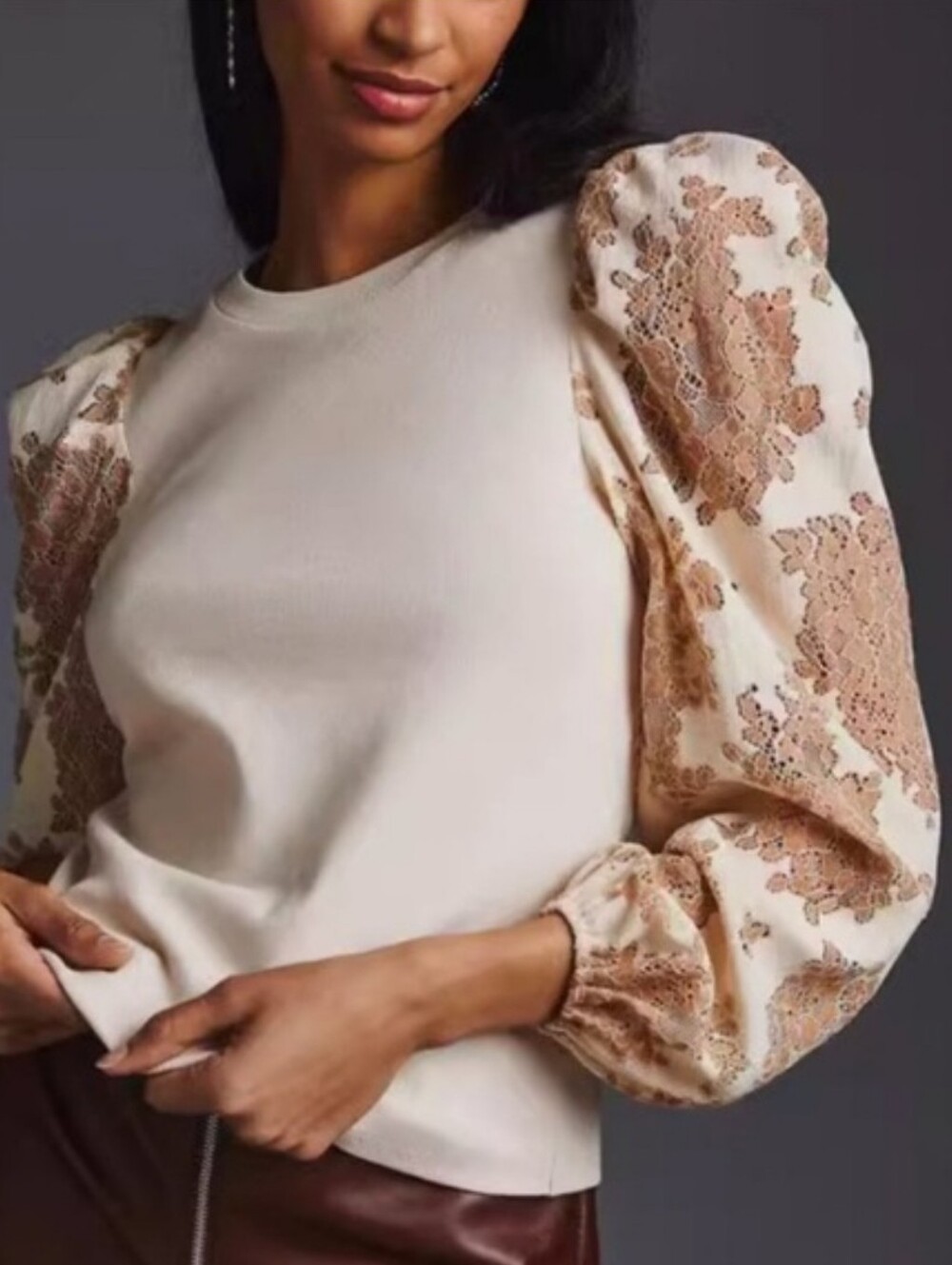 dolan Cream Top with Tan Lace Floral Puff Sleeves Glam Boho Party Going Out LP